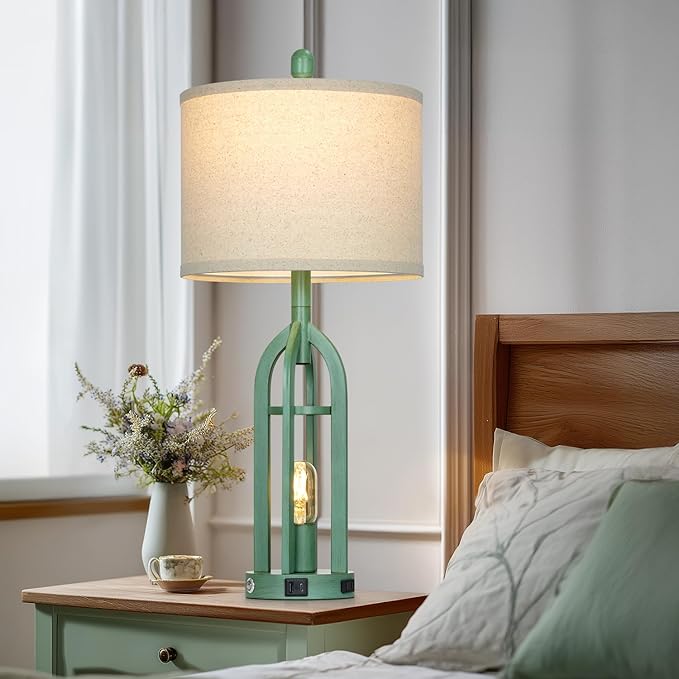 27" Tall Coastal Lamp,Retro-Green Vintage Bedside Nightstand Lamps with USB C+A & AC Outlet,3-Way Dimmable Touch Control Table Lamps for Bedroom Living Room with Night Light,Single Green