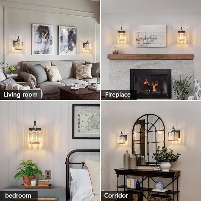 Modern Wall Sconces Set of Two Black Wall Sconces Indoor Wall Lamp Crystal Wall Light Wall Mounted Room Sconce Wall Lighting Bathroom Vanity Light Fixtures