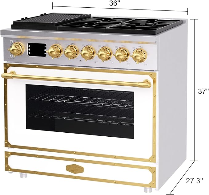 Akicon 36" Freestanding Gas Cooktop Oven Combo, Features 6 Sealed Burners, 5.2 Cu.ft Rapid Convection Oven, Convertible Fuel (NG/LP), Durable Cast Iron Grating (SWGBGGA1)