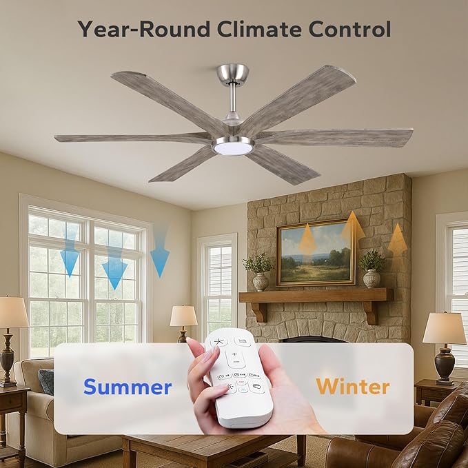 60" Indoor Outdoor Ceiling Fan with Light Remote - 6 Solid Wood Blades, High CFM Quiet Reversible Energy Efficient DC Motor, 6/12/24" Down-rod, Damp-rated for Patios Porch Gazebo Garage, Modern Gray