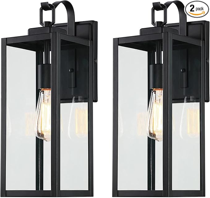 Pia Ricco Large Size Outdoor Wall Lights, 2 Pack 18 Inch Matte Black Exterior Light Fixture with Clear Glass Shade, Waterproof Front Porch Lighting, Modern Sconce Lantern for House, Garage, ETL Listed