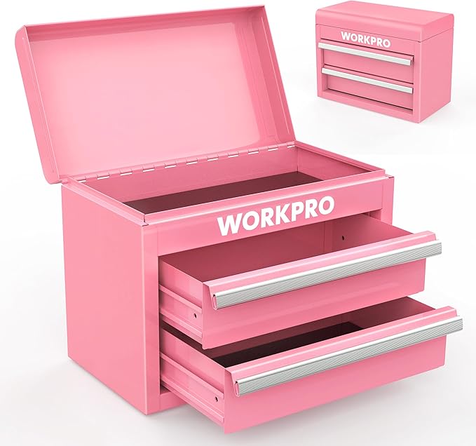 WORKPRO Mini Metal Tool Box with 2 Drawers and Top Storage, Small Tool Chest with PVC Liners and PP Feet Pads, Cold Rolled Steel Toolbox with Magnetic Tab - Pink Ribbon