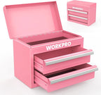 WORKPRO Mini Metal Tool Box with 2 Drawers and Top Storage, Small Tool Chest with PVC Liners and PP Feet Pads, Cold Rolled Steel Toolbox with Magnetic Tab - Pink Ribbon