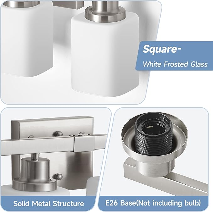 4-Light Bathroom Vanity Light,Brushed Nickel Vanity Lights with Square Frosted Glass,Modern Bathroom Wall Lights Fixtures Over Mirror,Wall Sconces Lighting for Bedroom Living Room,E26