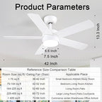 42 inch White Ceiling Fans with Lights and Remote, LED Dimmable 3 CCT Temperatures 6-Speed, Noiseless Modern Ceiling Fan for Bedroom, Living Room, Dining Room, ETL Listed