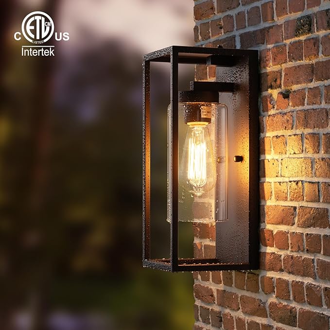 mirrea 14" Dusk to Dawn Outdoor Wall Sconce 1 Light in Cylinder Glass Shade and Matte Black Rectangular Metal Frame Waterproof Porch Light Patio Light Pack of 2