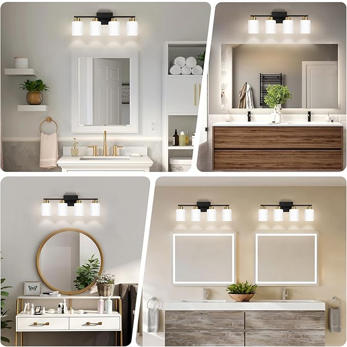 Black and Gold Bathroom Light Fixtures, 4-Light Modern Vanity Light Over Mirror, Wall Sconces with Milky White Frosted Glass Shades, E26 Socket (Bulbs Not Included)