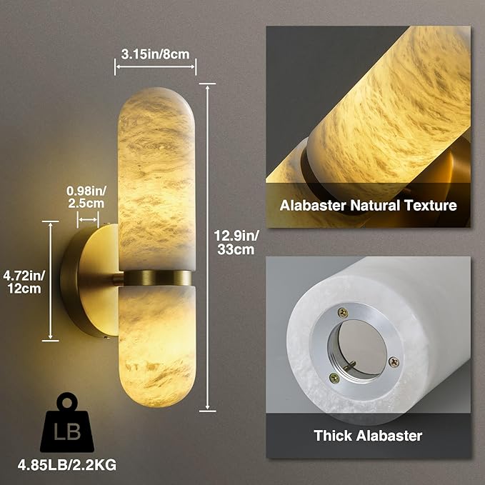 Alabaster Wall Sconces, 13in Brass Alabaster Sconce, Modern Spanish Natural Marble Sconces Lights, Gold Sconces for Bathroom Vanity Bedroom Living Room Staircases Hallway