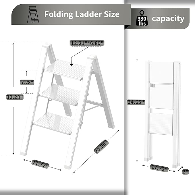 3 Step Lightweight Folding Ladder for Home, 330lbs Aluminum Step Ladder Anti-Slip for Kitchen, Step Stool Foldable Adults for Closet, 330lbs - White