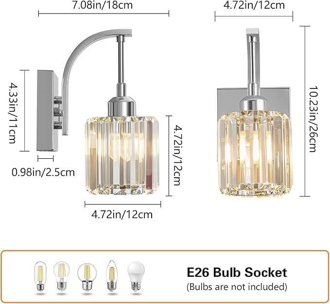 Wall Sconces, Set of 2 Chrome Crystal Vanity Lights, Modern Wall Lamp for Bathroom, Hallway, and Makeup, Easy Installation