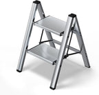 HillhutApex 2 Step Stool, Aluminum Foldable Step Ladder, Lightweight Stable Stool with Wide Non-Slip Pedals, 330lbs Bearing Capacity Ladder for Office,Home,Kitchen - Silver