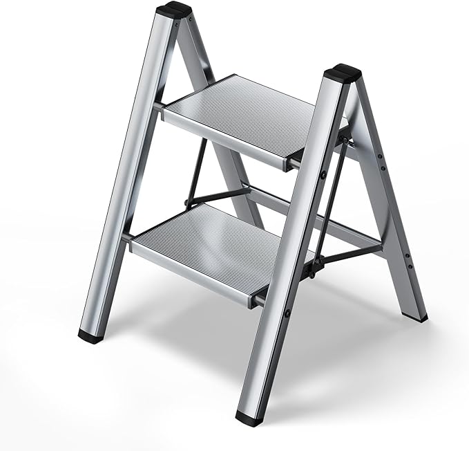 HillhutApex 2 Step Stool, Aluminum Foldable Step Ladder, Lightweight Stable Stool with Wide Non-Slip Pedals, 330lbs Bearing Capacity Ladder for Office,Home,Kitchen - Silver