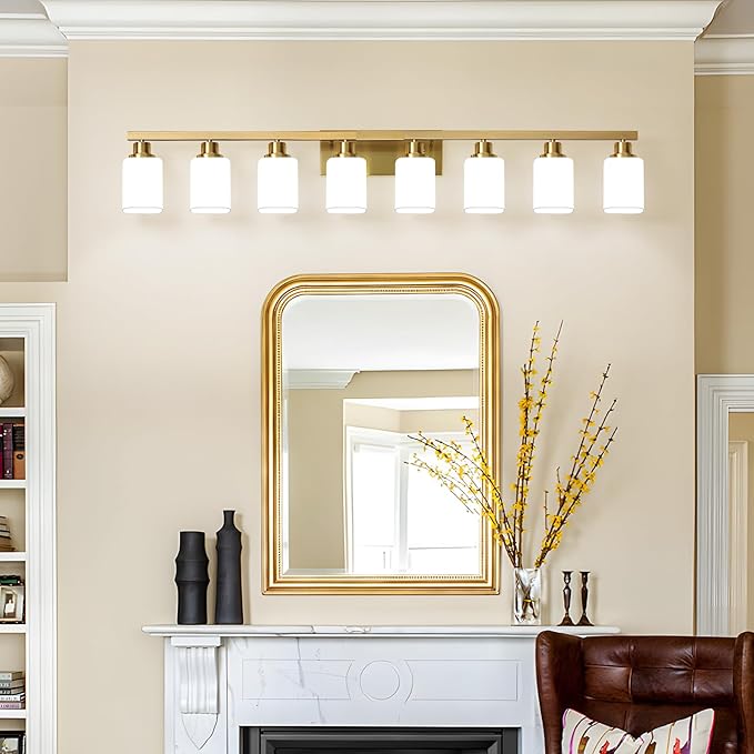 Bathroom Vanity Light,8-Light Brushed Gold Bathroom Light Fixtures with Square Frosted Glass,Gold Wall Lamp Sconces for Mirror Bedroom,Living Room Hallway,E26