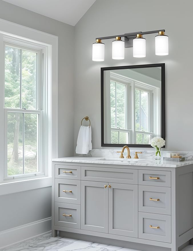 DORESshop 4-Light Black and Gold Bathroom Light Fixtures Over Mirror with Milk Glass Shade, Modern Vanity Lights, ETL Listed