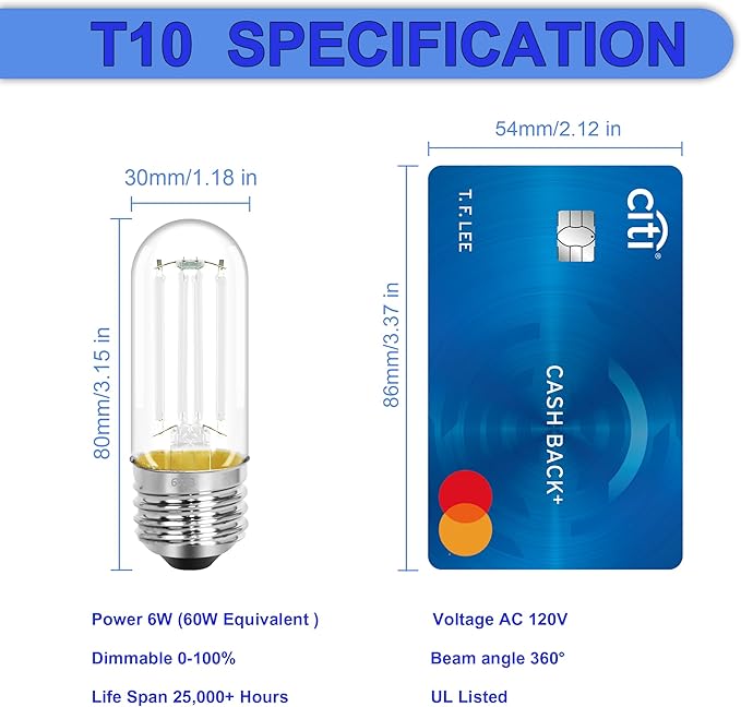 4 Pack 3.2 Inch T10 Blue Light Bulb, E26 Base Edison Bulbs Dimmable, AC 120V 60 Watt Equivalent Clear Glass Filament Bulb, Halloween Christmas Party Bar Colored Light Bulbs, UL Listed