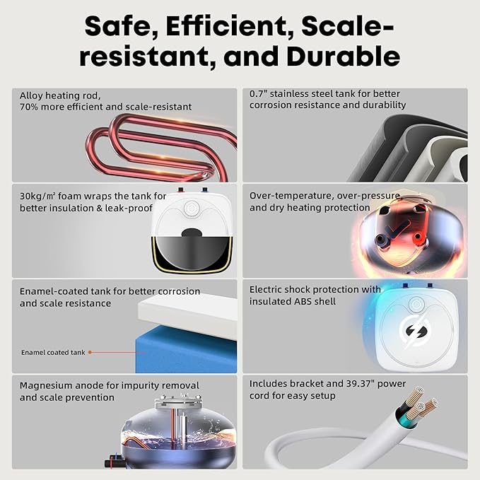 YALICE Electric Tank Water Heater, 8 Gallons Under Sink Instant Hot Water Heaters, 1500W, 110-120V, Electric Mini Tank Water Heater Compact Design for RV, Kitchen, Food Truck, Wall or Floor Mounted