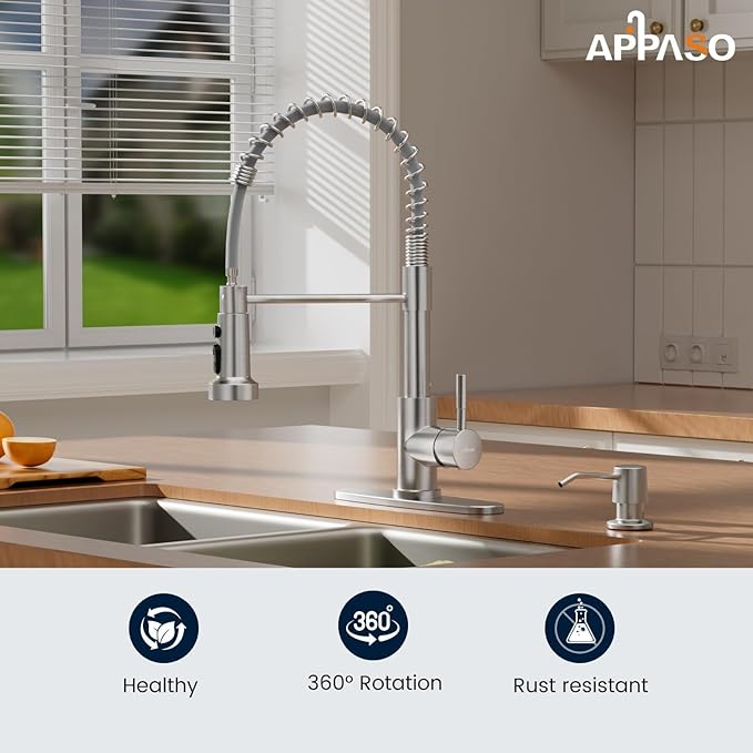 APPASO 3-Mode Kitchen Faucet with Soap Dispenser, Stainless Steel Pull Down Faucet for Kitchen Sink, Spring High Arc Tall Modern Single Handle Kitchen Sink Faucet with Sprayer Brushed Nickel