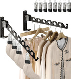 Wall Mount Coat Hanger Holder Black Clothes Drying Organizer Rack Garment Hooks Aluminium Retractable Folding Indoor Wall Mounted Hanger Space Saver for Laundry Room Bedroom Black 2 Pack with 8 Hooks