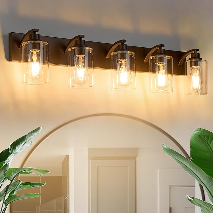 5-Light Bathroom Light Fixtures Modern ORB Vanity Lights for Bathroom Lighting Fixtures Over Mirror with Clear Glass Shade for Cabinet Mirror Bedroom Hallway