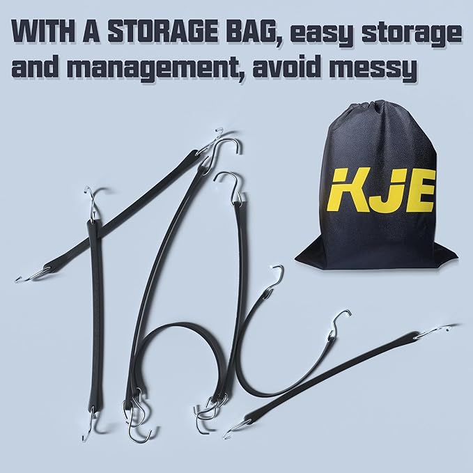 KJE 20Pack (15", 21", 31") Rubber Bungee Cords with S Hooks - Quality EPDM, Heavy Duty Black Bungee Straps, Ideal for Outdoor Tie Downs, Securing Tarps, Canvases, Cargo in Cold Hot Climates