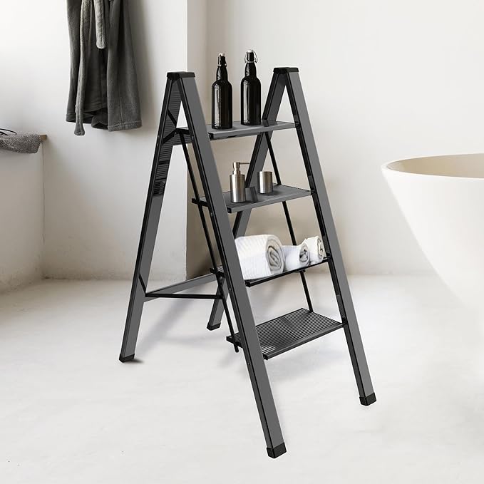 Lightweight Folding Step Ladder Household, Aluminum 4 Step Ladder Foldable for Home, Sturdy Step Stool for Adults 330 Lbs - Black