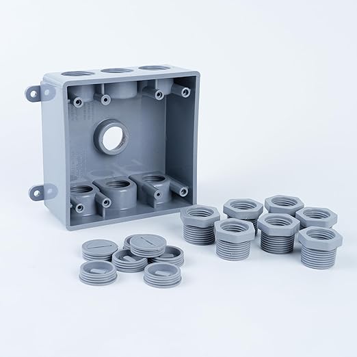 1/2-Inch or 3/4-Inch Weatherproof Electrical Junction Box with Adapters, Gray, Indoor/Outdoor Installation (Two-Gang Box)