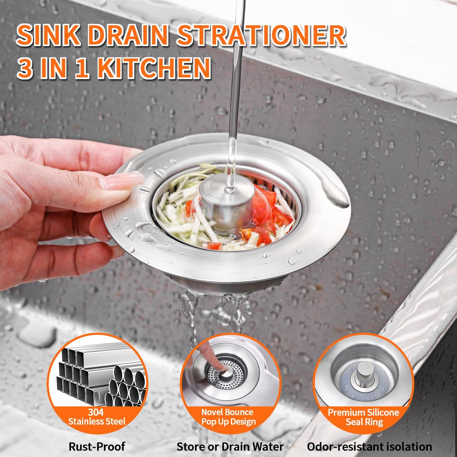 3-in-1 Kitchen Sink Drain Strainer & Sink Stopper 2 Pack - 304 Stainless Steel Sink Drain Strainer, Pop-Up Anti-Clog Design, Fits Standard 3-1/2'' Sink Drains
