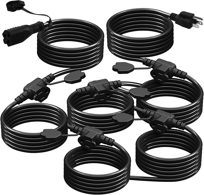 50Ft Outdoor Extension Cord - Evenly Spaced 6 Outlets Plugs with Safety Cover, 16/3 SJTW Weatherproof Multi Outlet Extension Cord for Landscape, Halloween, Holiday Decor, ETL Listed (Black)