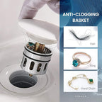 Vessel Sink Drain, Bathroom Faucet Vessel Sink Pop Up Drain Stopper, Built-in Anti-Clogging Strainer, with Overflow White, Fits Standard American Drain Hole(1-1/2" to 1-3/4") RWF083N