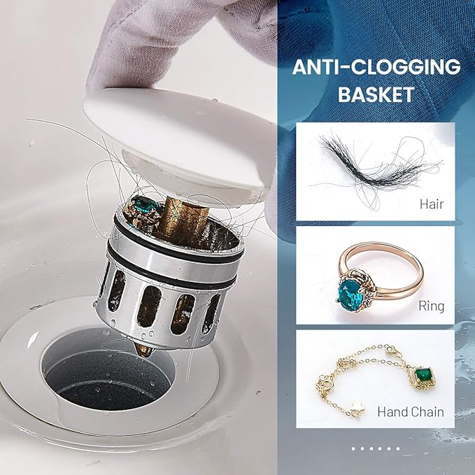 Pop Up Drain, Bathroom Faucet Vessel Vanity Sink Drain Stopper, Built-in Anti-Clogging Strainer, Without Overflow White,Fits Standard American Drain Hole(1-1/2" to 1-3/4") RWF082E