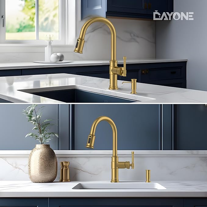 DAYONE Brushed Gold/Brass Pull Down Kitchen Faucet with 3-Mode Sprayer and Soap Dispenser, Single Handle High Arc Faucets for Kitchen Sink with Deck Plate, DAY-APS136-BTG