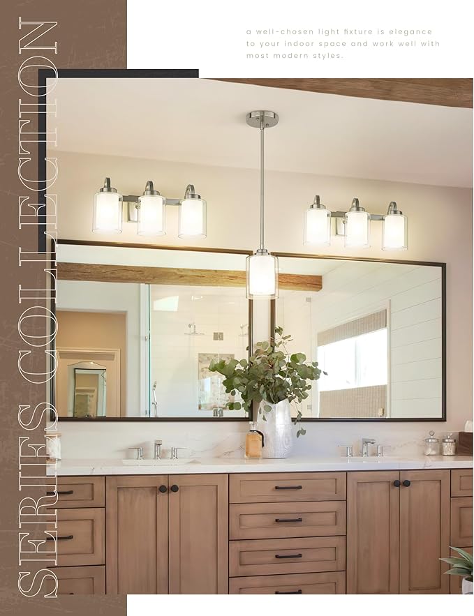 TENGXIN 3-Light Bathroom Vanity Light, Brushed Nickel Vanity Light Over Mirror, Farmhouse Wall Sconces with Dual Glass Shade, Modern Wall Lamp for Bathroom Hallway Living Room