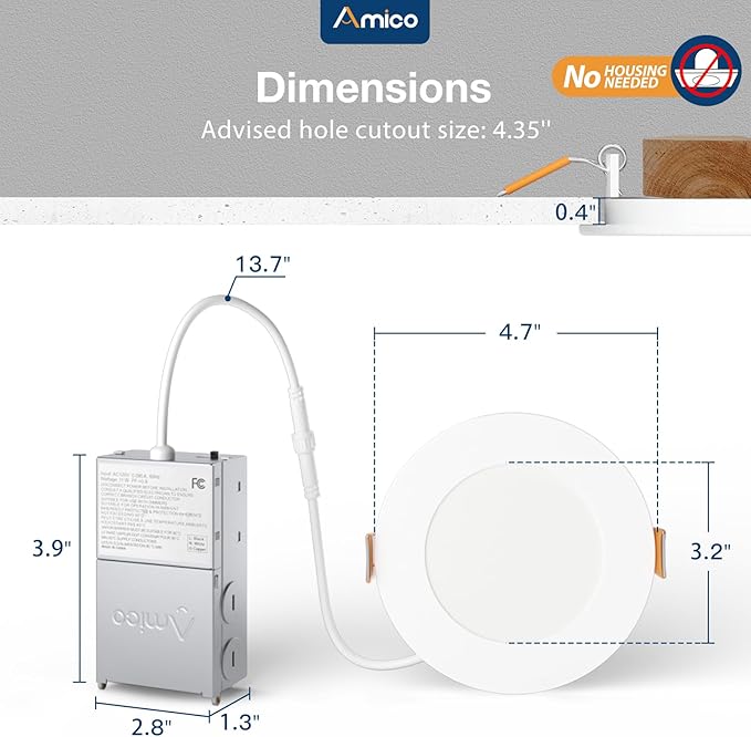 Amico 24 Pack 4 Inch 5CCT Ultra-Thin LED Recessed Ceiling Light with Junction Box, 2700K/3000K/3500K/4000K/5000K Selectable, 10W Eqv 60W, Dimmable Can Light, 800LM High Brightness Downlight - ETL&FCC