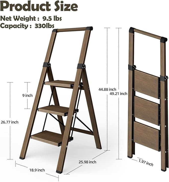 Taranta 3 Step Ladder, Portable Folding Ladder with Wide Pedal, Lightweight Aluminum Step Stool with Convenient Handgrip, 330 lbs Capacity Stepladder for Home, Office - Walnut