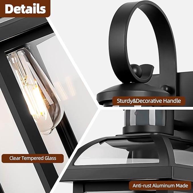Motion Sensor Porch Lights Dusk to Dawn 16 Inch, 2-Pack Aluminum Anti-Rust Black Large Outdoor Sconces Wall Mounted House Lighting Exterior Coach Lights Patio Light Fixtures, E26