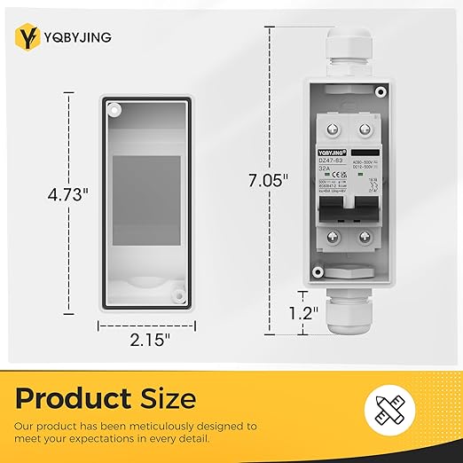 DC Solar Panel Disconnect Switch 32 Amp AC Miniature Circuit Breaker Box 500V 2 Poles with IP65 Waterproof UV-Proof Box for Outdoor Solar PV Homes Battery