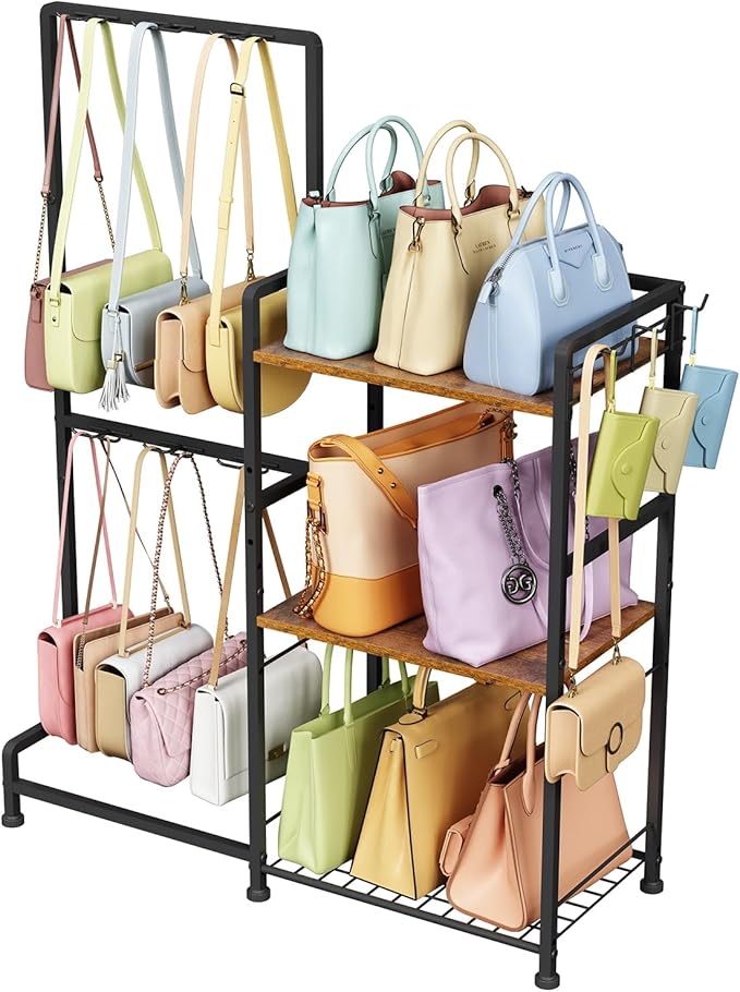 Purse Storage Organizer for Women, 3-Tier Max Purse Storage Stand Rack Holder & Bag Shelf for Closet,12 Fixed Hooks& 3 Side Hooks,Keeping Purses Visible,Purse Display & Bag Organizer for Various Bags