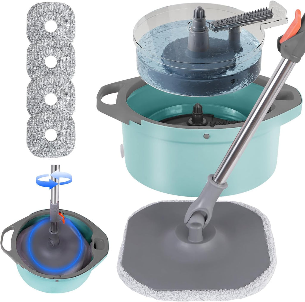 Spin Mop and Bucket with Separate Dirty and Clean Water,360° Spin Mop and Bucket System with Widening Foldable Handle,4 Replaceable Mop Pads,Square Mop for Floor Hardwood Tile Marble Wall Cleaning
