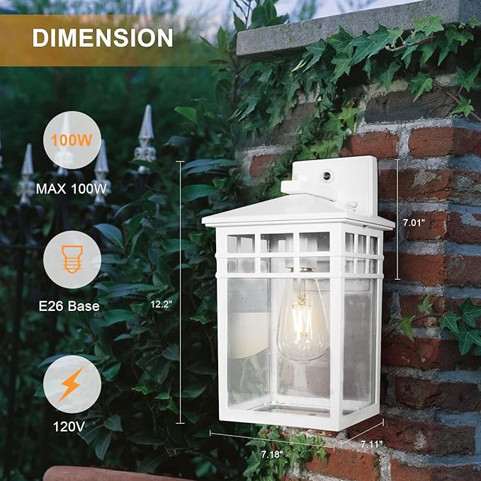 Dusk to Dawn Outdoor Light Fixture Wall Mount, Rustic Exterior Lights Fixture Wall Sconces with Seeded Glass for Front Porch, Waterproof Outdoor Wall Lantern in White Finish for Home,DDRZ009-W WH