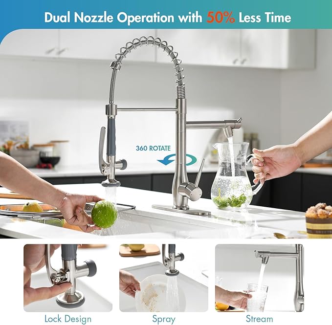 GIMILI Kitchen Faucet with Pull Down Sprayer Single Handle High Pressure Brushed Nickel Kitchen Sink Faucet Commercial Double-Headed Stainless Steel Kitchen Faucets Sink with Deck Plate