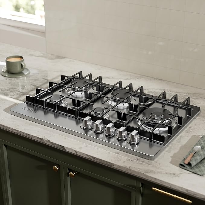 Empava Gas Cooktop 30 Inch, 5 SABAF Sealed Burners Made in Italy, Stove Top Bulit-in Ion Flame Ignition, NG/LPG Convertible CSA Approved, Stainless Steel, Ideal for Kitchens,Apartments