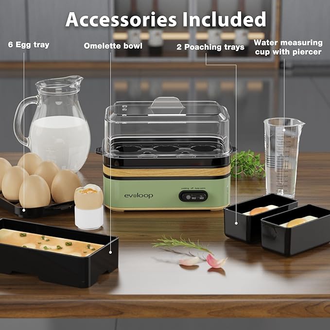 Evoloop Rapid Egg Cooker Electric 6 Eggs Capacity, Soft, Medium, Hard Boiled, Poacher, Omelet Maker Egg Poacher With Auto Shut-Off, BPA Free (Green)