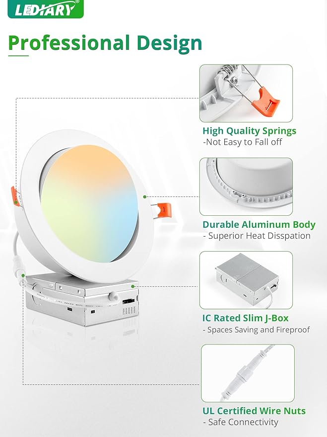 LEDIARY 6 Pack Gimbal LED Recessed Lighting 6 Inch, 5CCT Adjustable Recessed Light Slim Selectable 2700K-6000K,750LM Air Tight Canlights with Jbox,Canless Downlight Ceiling Light with IC Rated ETL