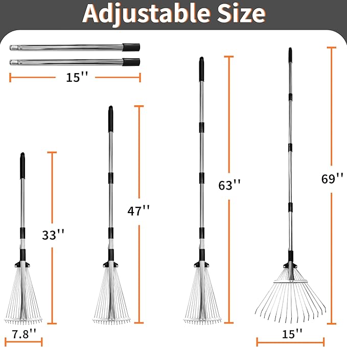 2 Packs Garden Rake for Leaves – Heavy Duty Metal Leaf Rake for Lawns with Adjustable Handle (33"-69") & Expandable Head (8"-15") – Durable for Lawn, Shrub, Garden Beds – Essential Gardening Tools