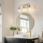 3 Light Gold Vanity Lights for Bathroom, Bathroom Light Fixtures Over Mirror with Clear Glass Shade, Ceramic E26 Sockets Wall Mounted