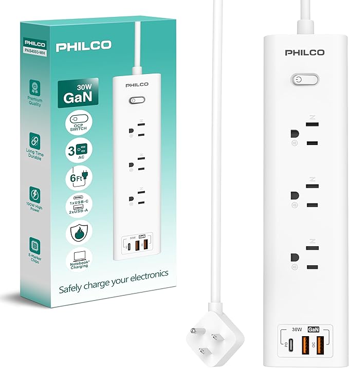 Power Strip with 3 AC Outlets, 30W USB-C Port, 2 USB-A Ports & 6ft Extension Cord – LED Indicator, Fast Charging for Laptops, Phones & More – Compact Design for Home, Office & Travel