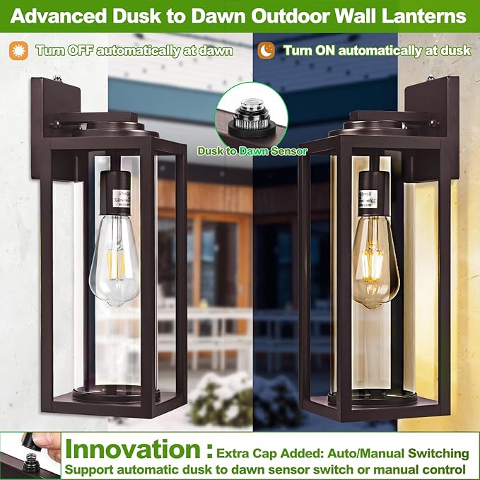 Oil Rubbed Bronze Dusk to Dawn Outdoor Wall Light Fixtures - 2 Packs Exterior Waterproof Outdoor Lighting, Farmhouse Porch Sconces Wall Mounted Lighting, Anti-rust Outside Lantern for Front Door
