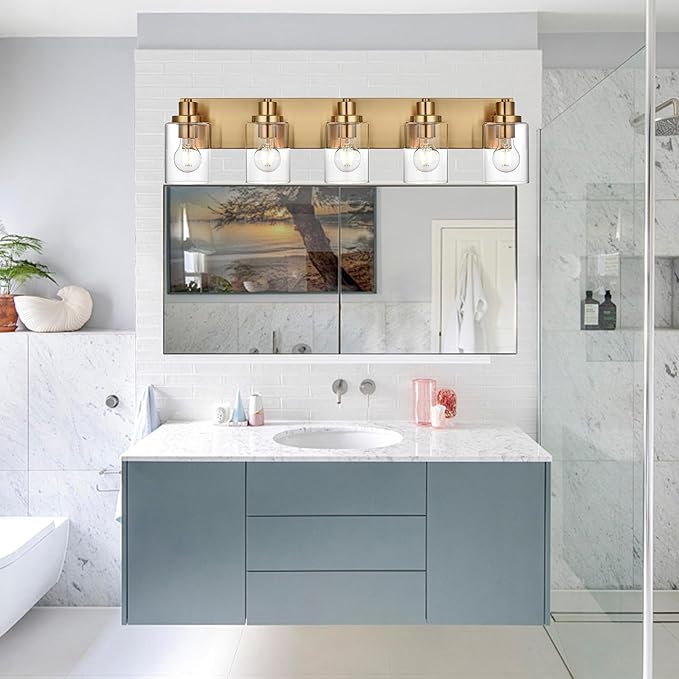 5 Light Bathroom Vanity Lights Brushed Nickel Bathroom Lighting Fixtures Over Mirror with Clear Glass Shades, Modern Industrial Wall Sconces Vanity Lighting Fixture for Bedroom Living Room
