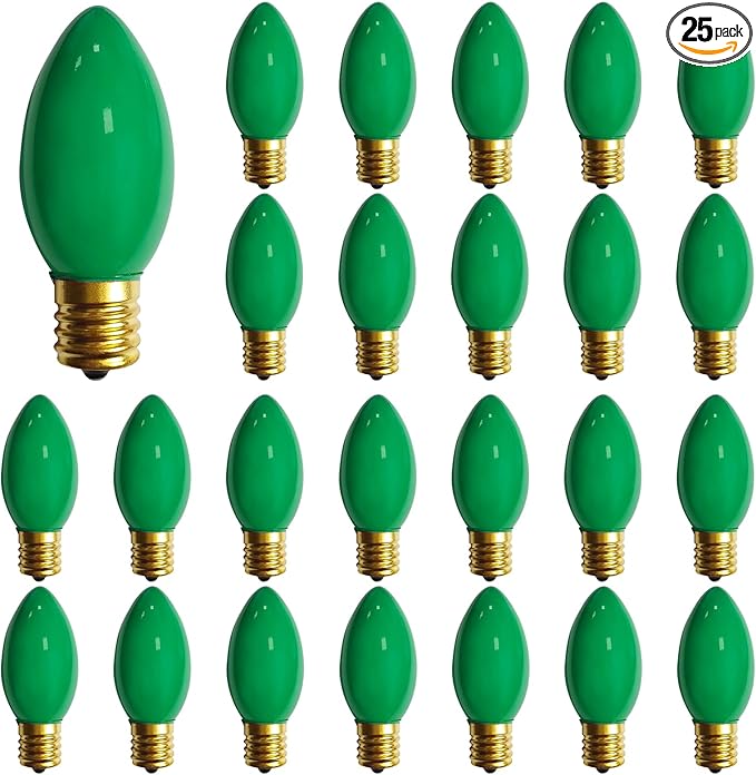 C9 Green Christmas Light Bulbs, 25 Pack C9 Incandescent Replacement Bulbs for Christmas String Light, Candle Lamps, E17 Intermediate Base, 7Watt Night Lights Bulbs