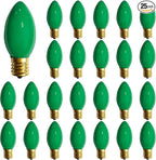 C9 Green Christmas Light Bulbs, 25 Pack C9 Incandescent Replacement Bulbs for Christmas String Light, Candle Lamps, E17 Intermediate Base, 7Watt Night Lights Bulbs